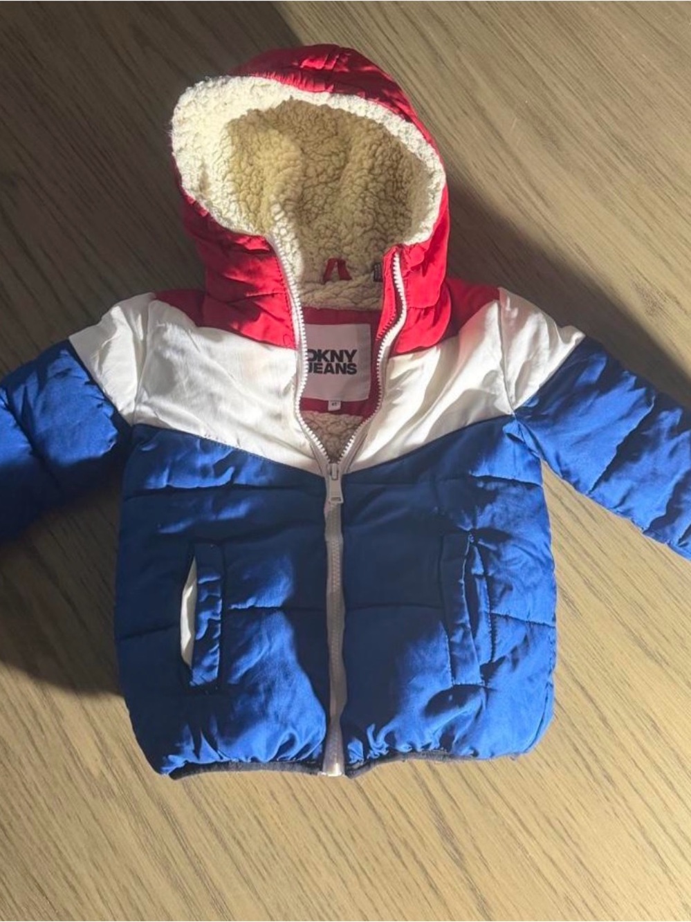 Dkny Kids Colorblock Puffer Jacket in Red, White & Blue with Sherpa Hood